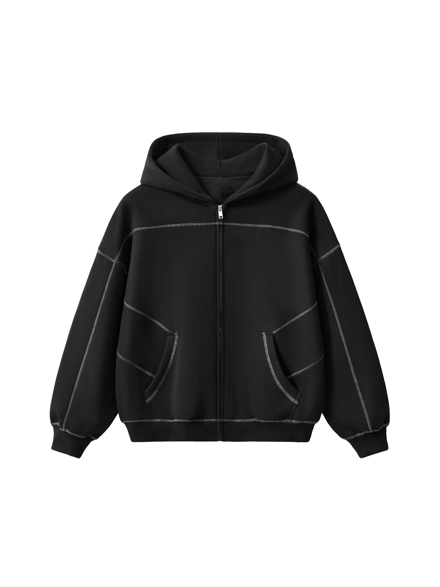 Blueprint Contrast-Stitch Zip Hoodie in Black / grey stitch