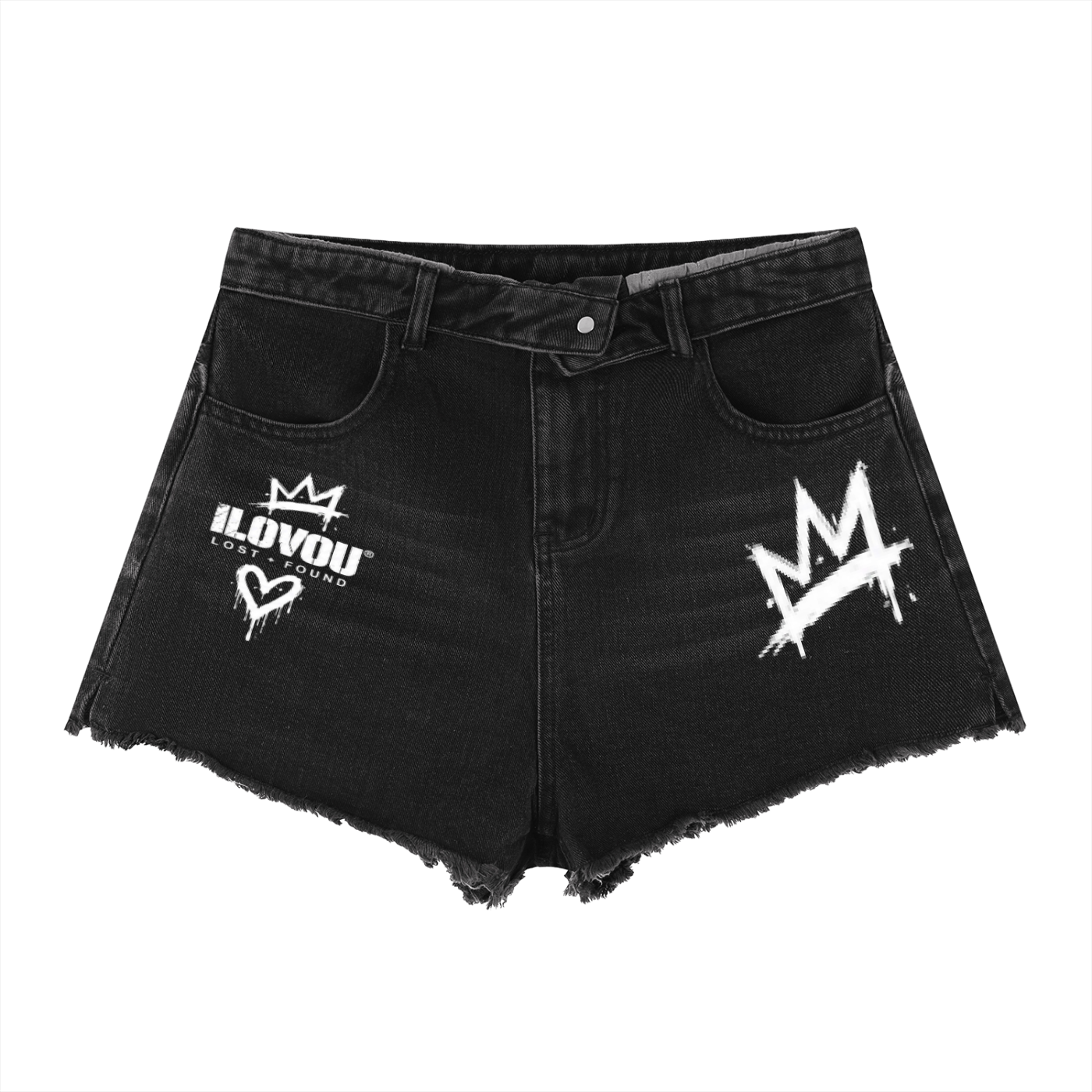 Black denim shorts, front with ILOVOU crest and crown
