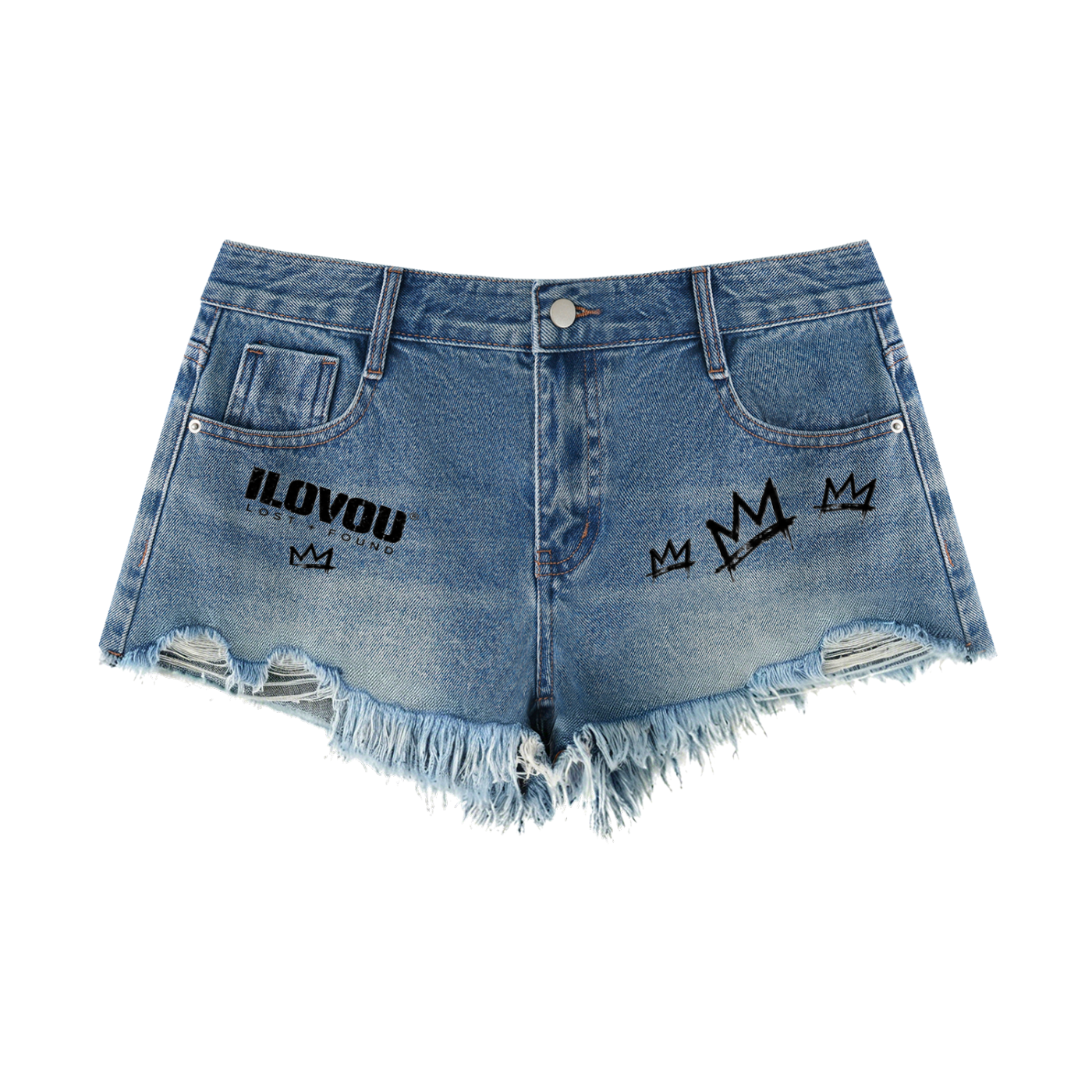 Blue denim shorts, front with ILOVOU print and crowns