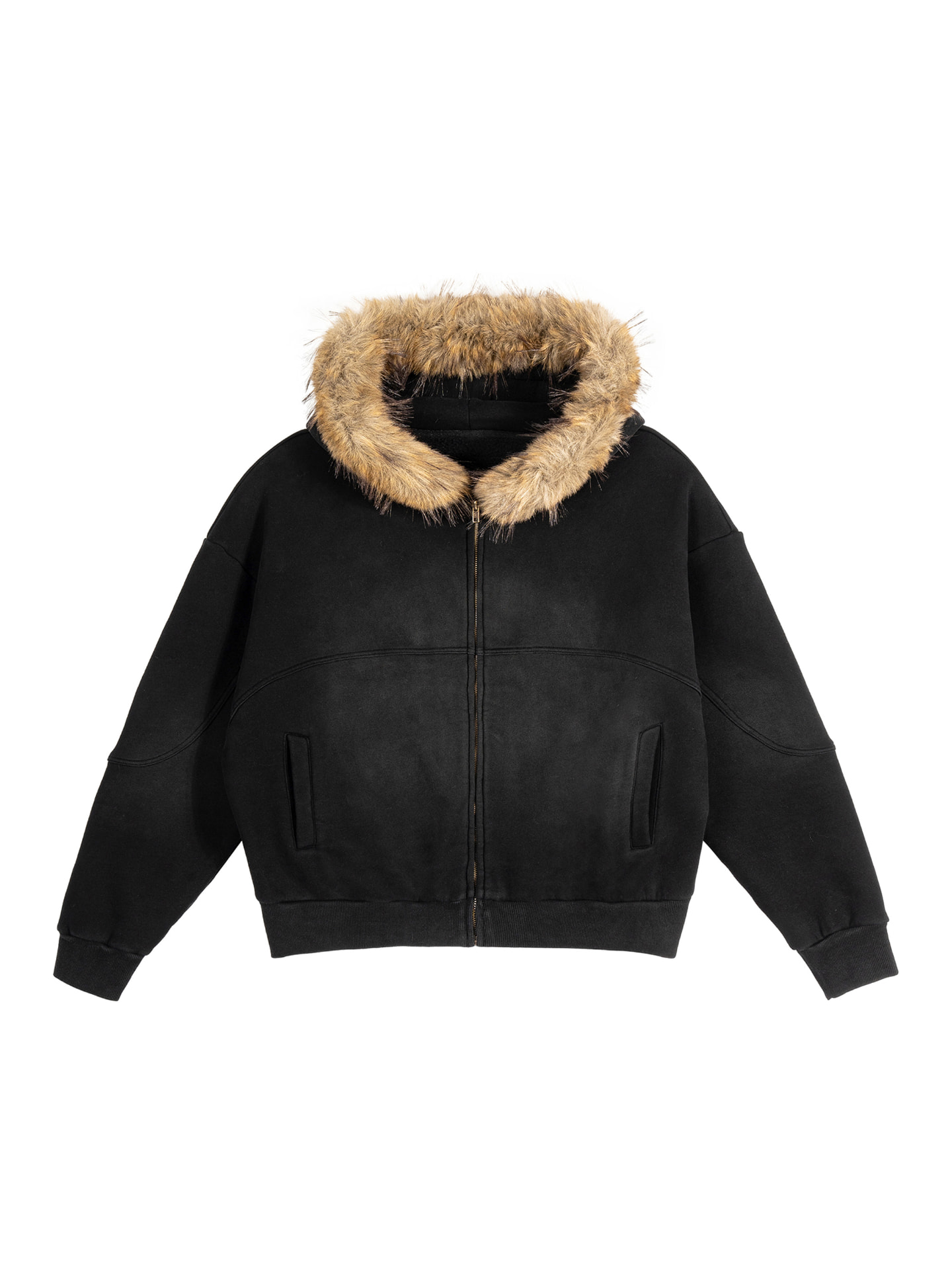Fortress Faux-Fur Hooded Bomber in Jet black / natural fur