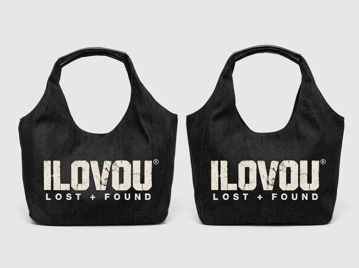 Carry Less Hobo in Black denim, front and back with ILOVOU logo