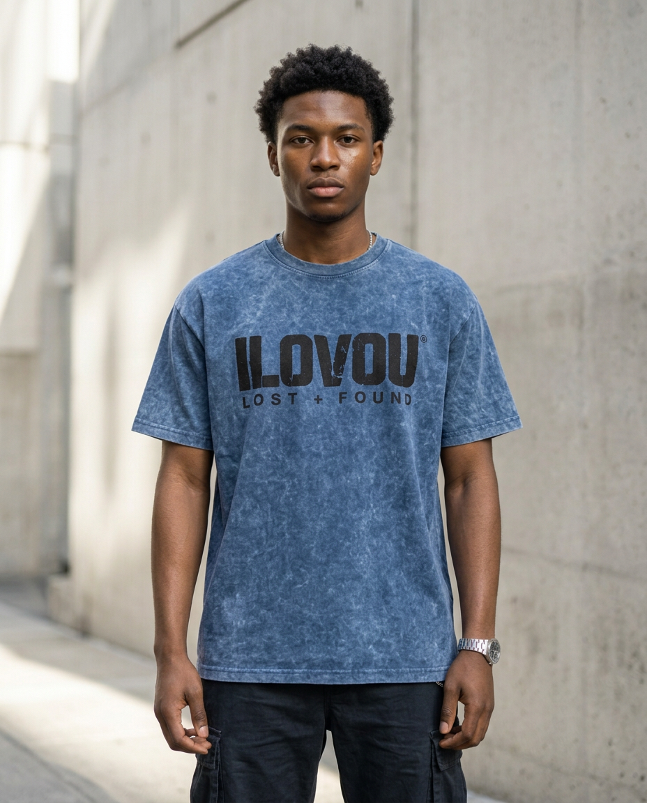 Model wearing The Lost + Found Tee in Vintage blue