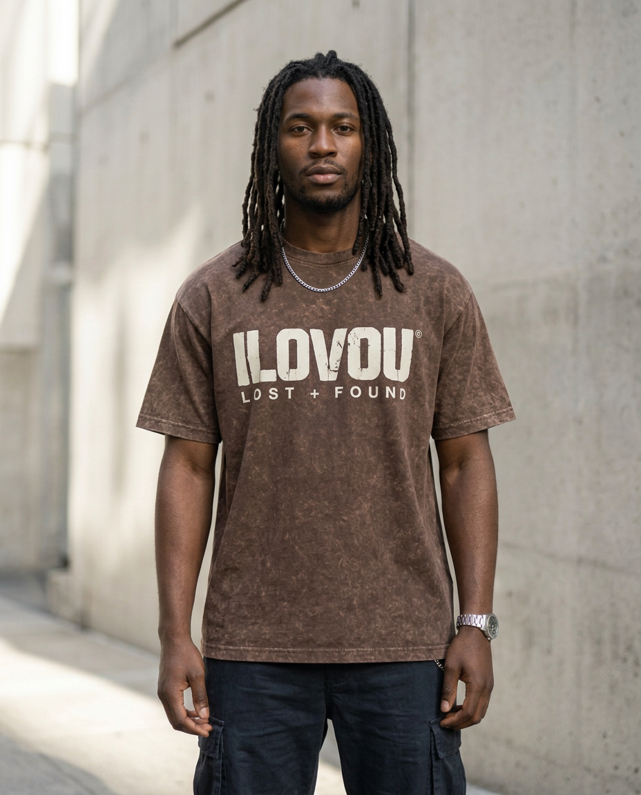 Model wearing The Lost + Found Tee in Chocolate brown