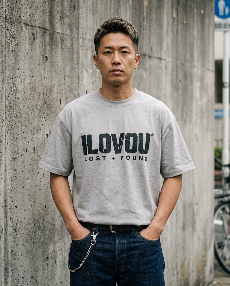 Model wearing The Lost + Found Tee in Heather grey