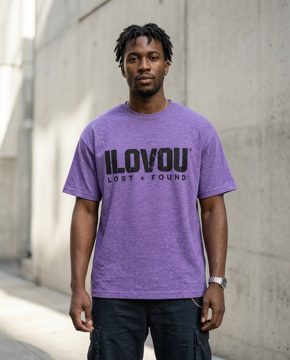 Model wearing The Lost + Found Tee in Heather purple