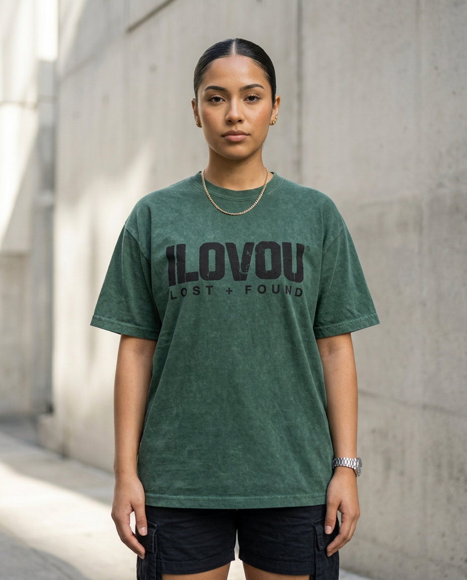 Model wearing The Lost + Found Tee in Forest green
