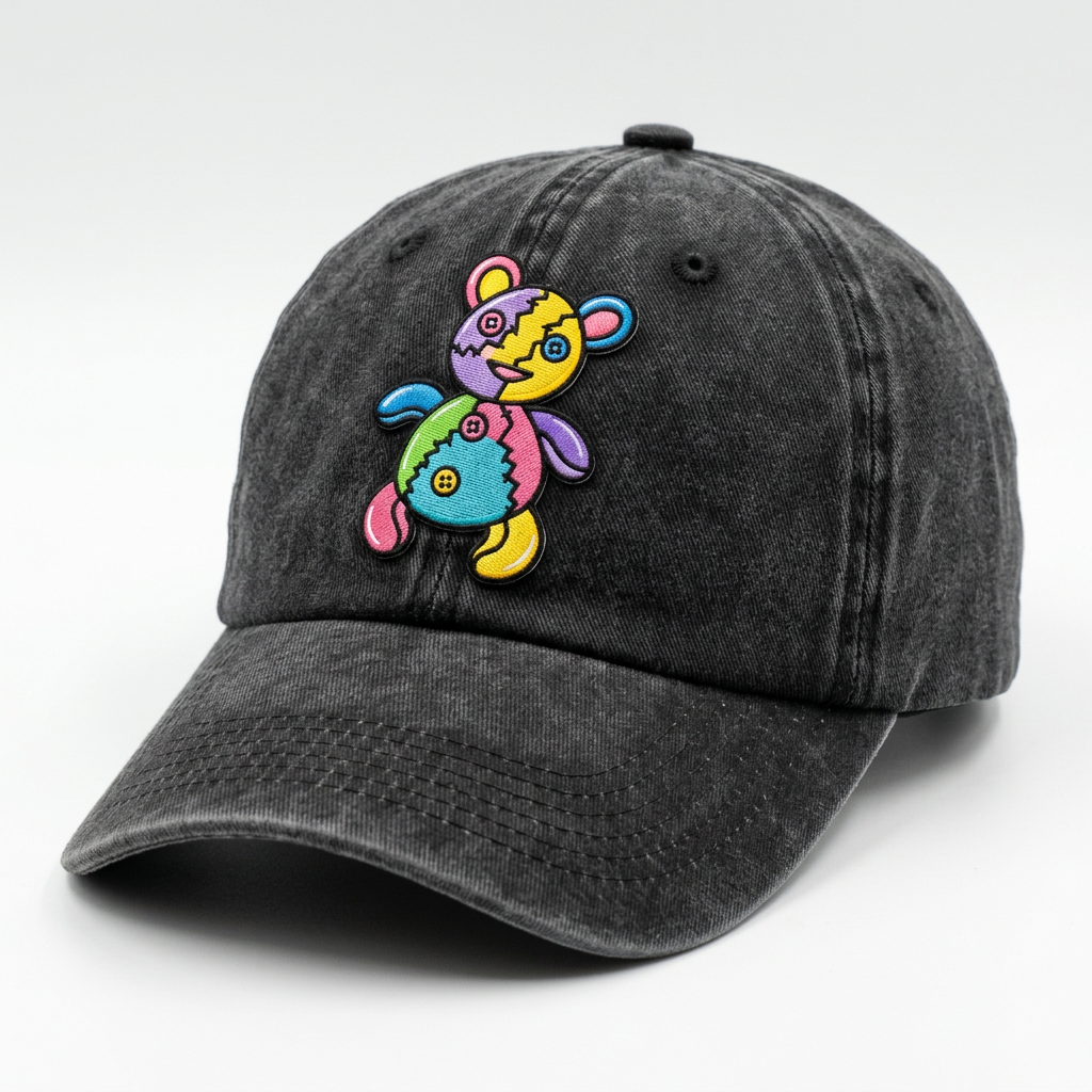 Patchwork Bear embroidered on a Washed Charcoal vintage washed dad hat