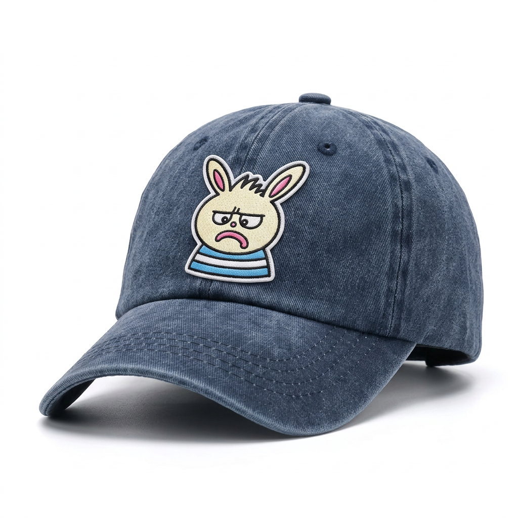 Grumpy Bunny embroidered on a Denim Navy vintage washed dad hat