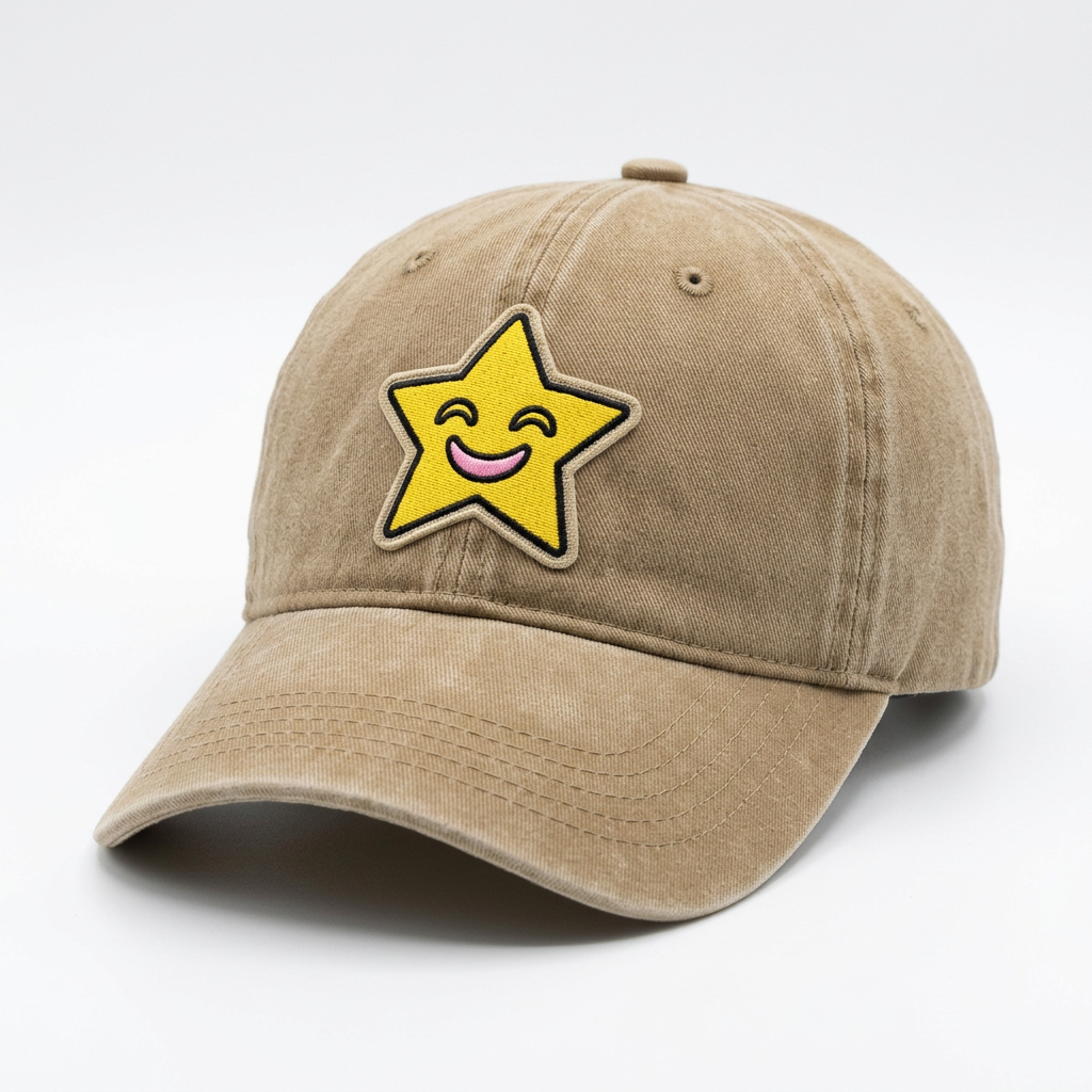 Smiling Star embroidered on a Khaki Tan vintage washed dad hat
