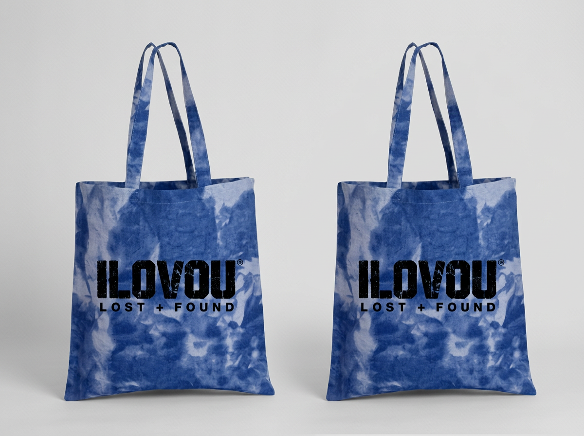 Found Era Tie-Dye Tote in Indigo, front and back with ILOVOU logo
