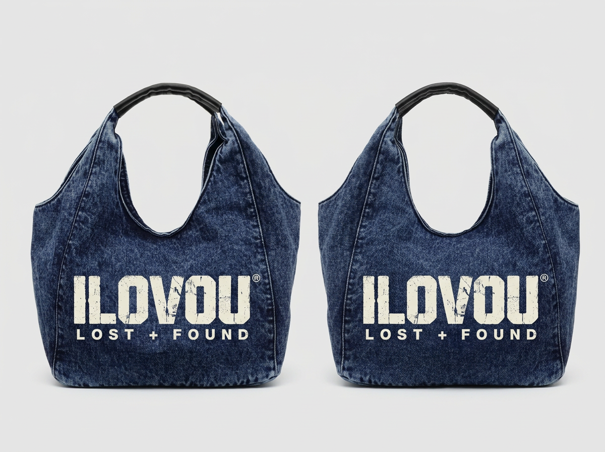 Carry Less Hobo in Indigo denim, front and back with ILOVOU logo