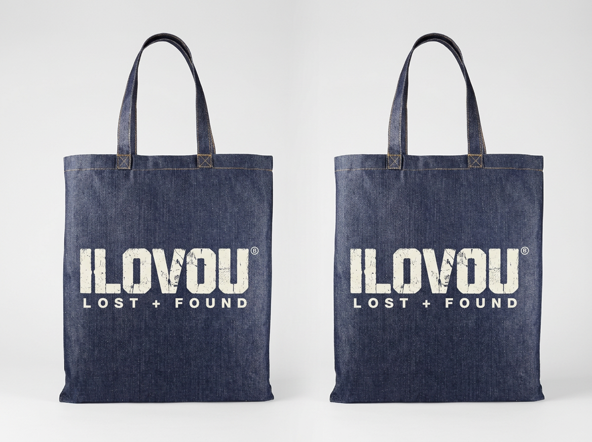 Hold Your Own Tote in Indigo denim, front and back with ILOVOU logo