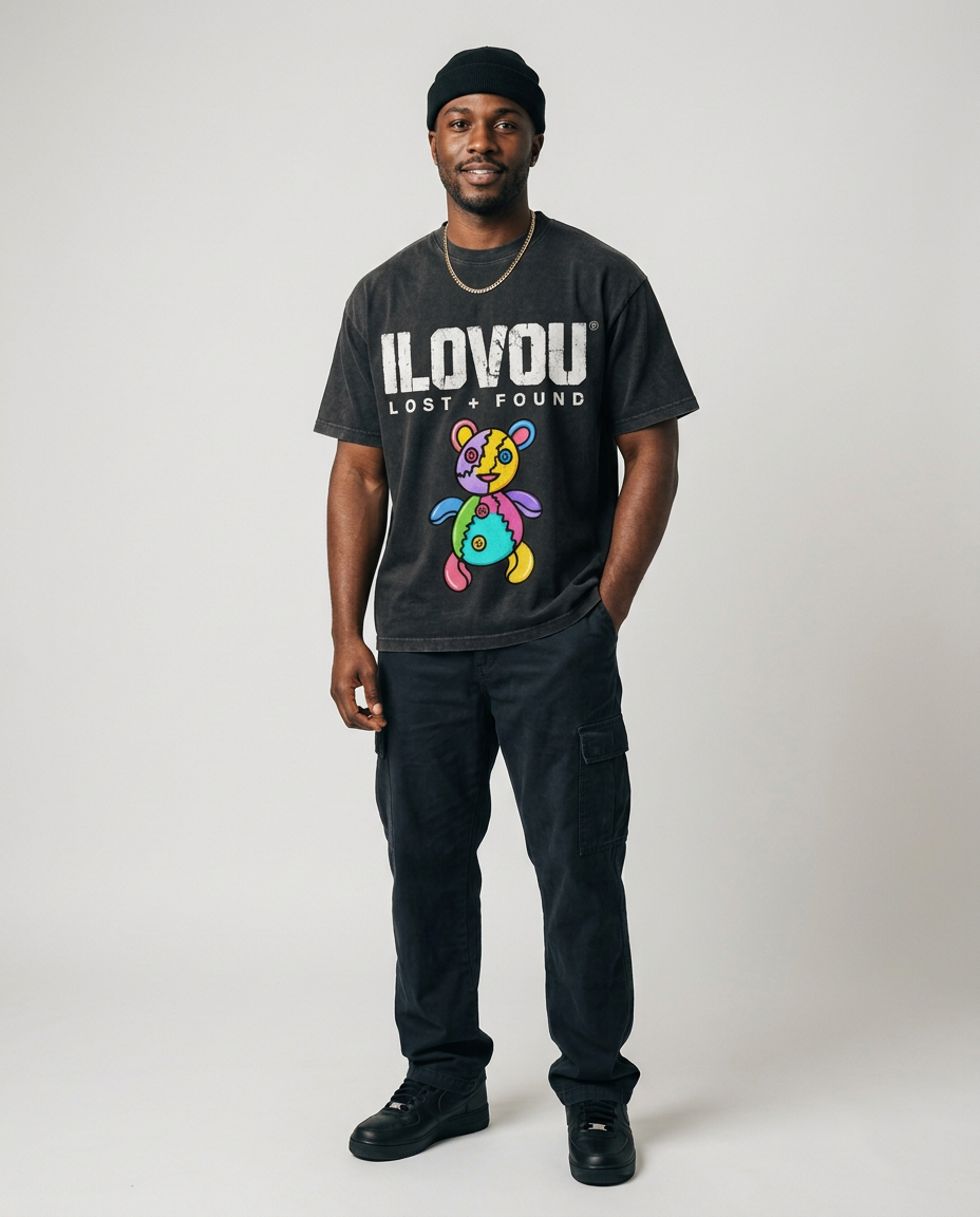 Model wearing the Patchwork Bear tee