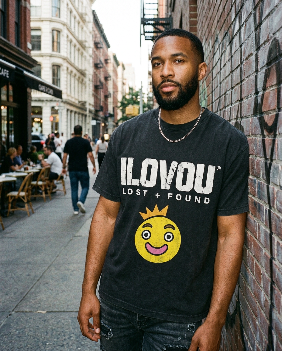 Model wearing the Crowned Smiley tee