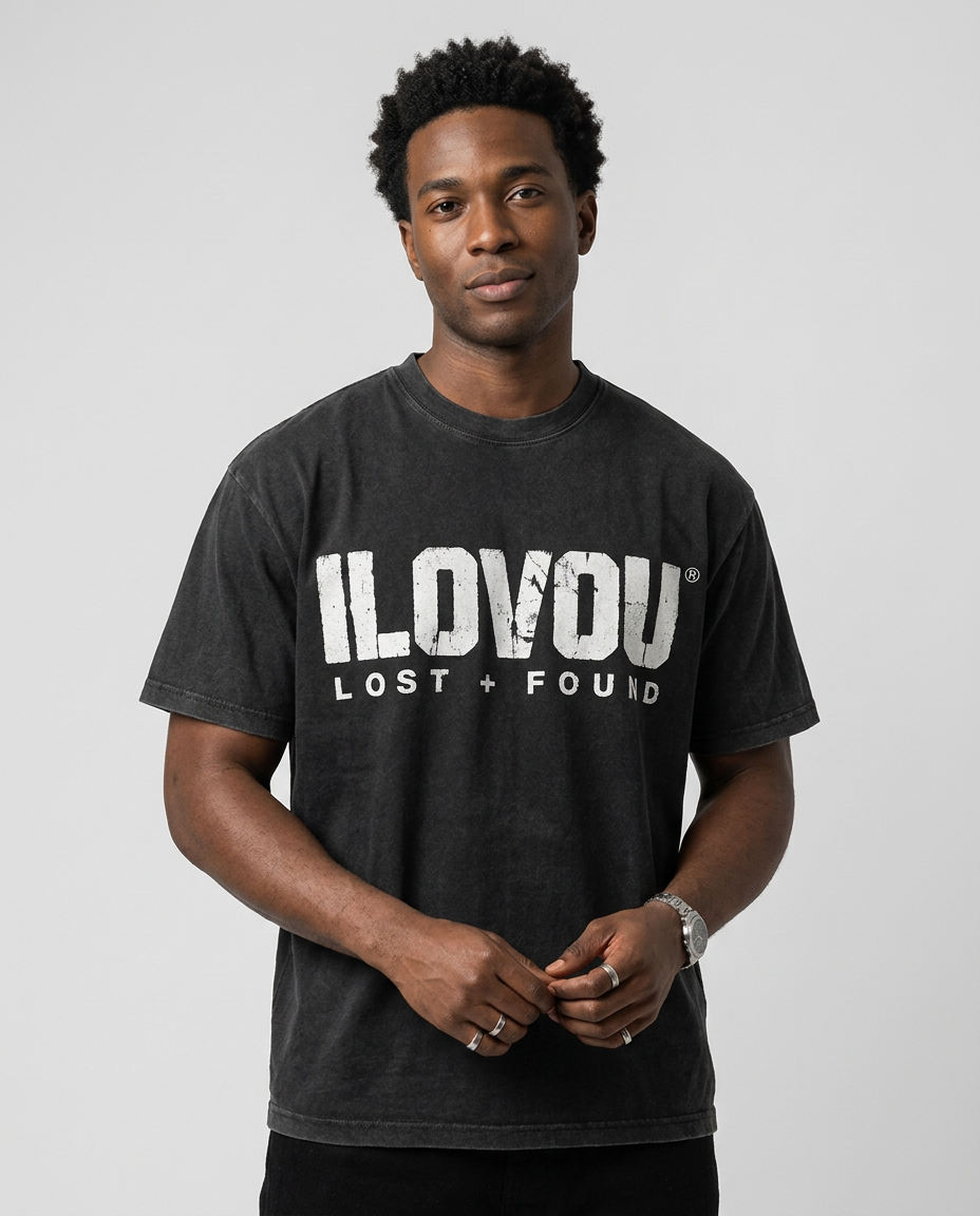 Model wearing The Lost + Found Tee in Washed black