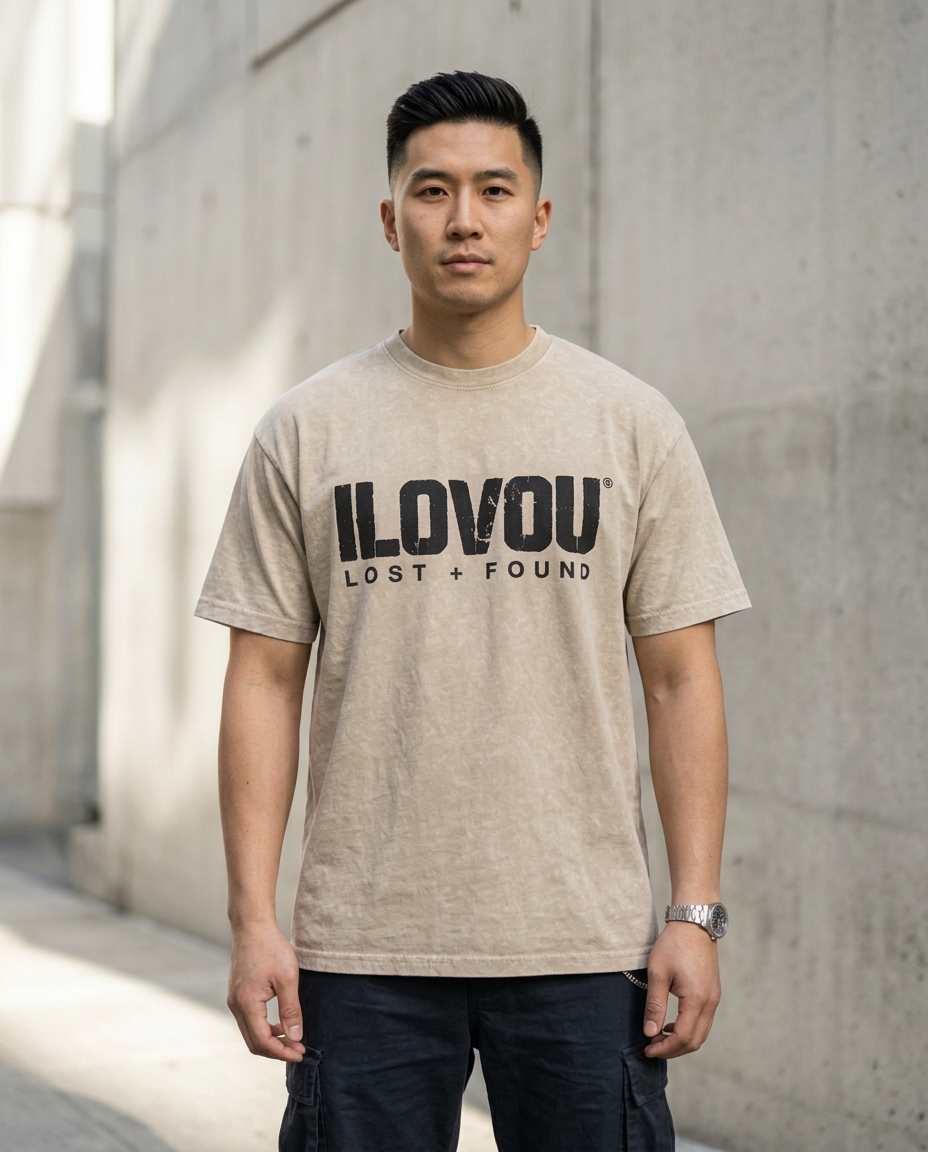 Model wearing The Lost + Found Tee in Sand